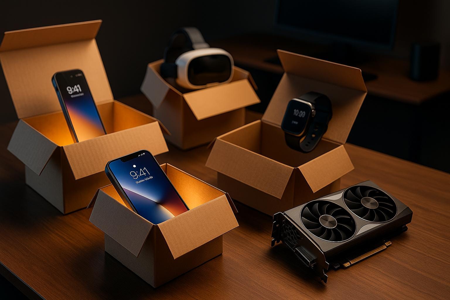 Otwarte pudełka z nowoczesnymi gadżetami technologicznymi: smartfonami, smartwatchem, zestawem VR i kartą graficzną, ustawione na biurku.