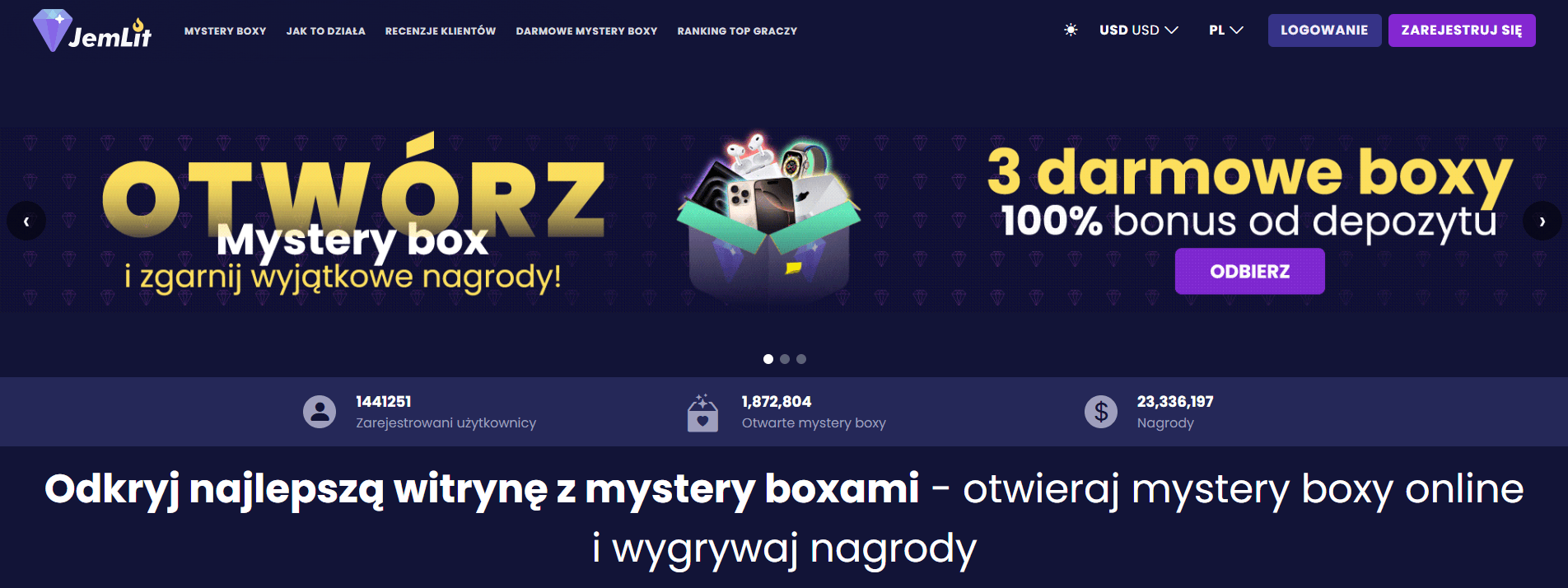  Strona główna platformy Jemlit promująca mystery boxy z nagrodami technologicznymi i bonusami powitalnymi.