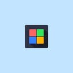a blue background with a colorful square icon