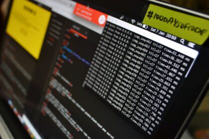 black laptop computer turned on