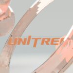 Unitre logo with abstract peach shapes on a grey background