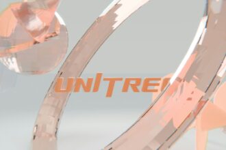 Unitre logo with abstract peach shapes on a grey background