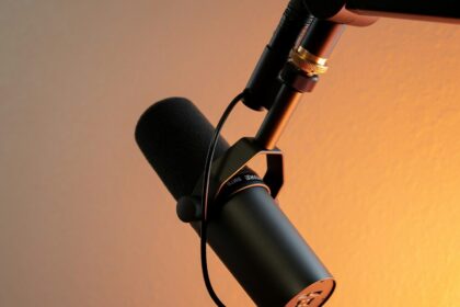 black and silver microphone on brown wall