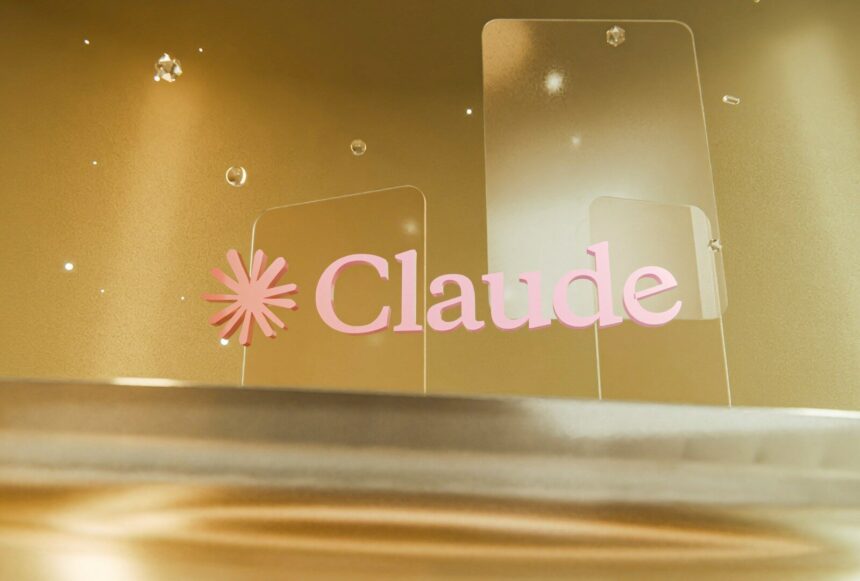 Pink "claude" logo on clear panels against a golden background